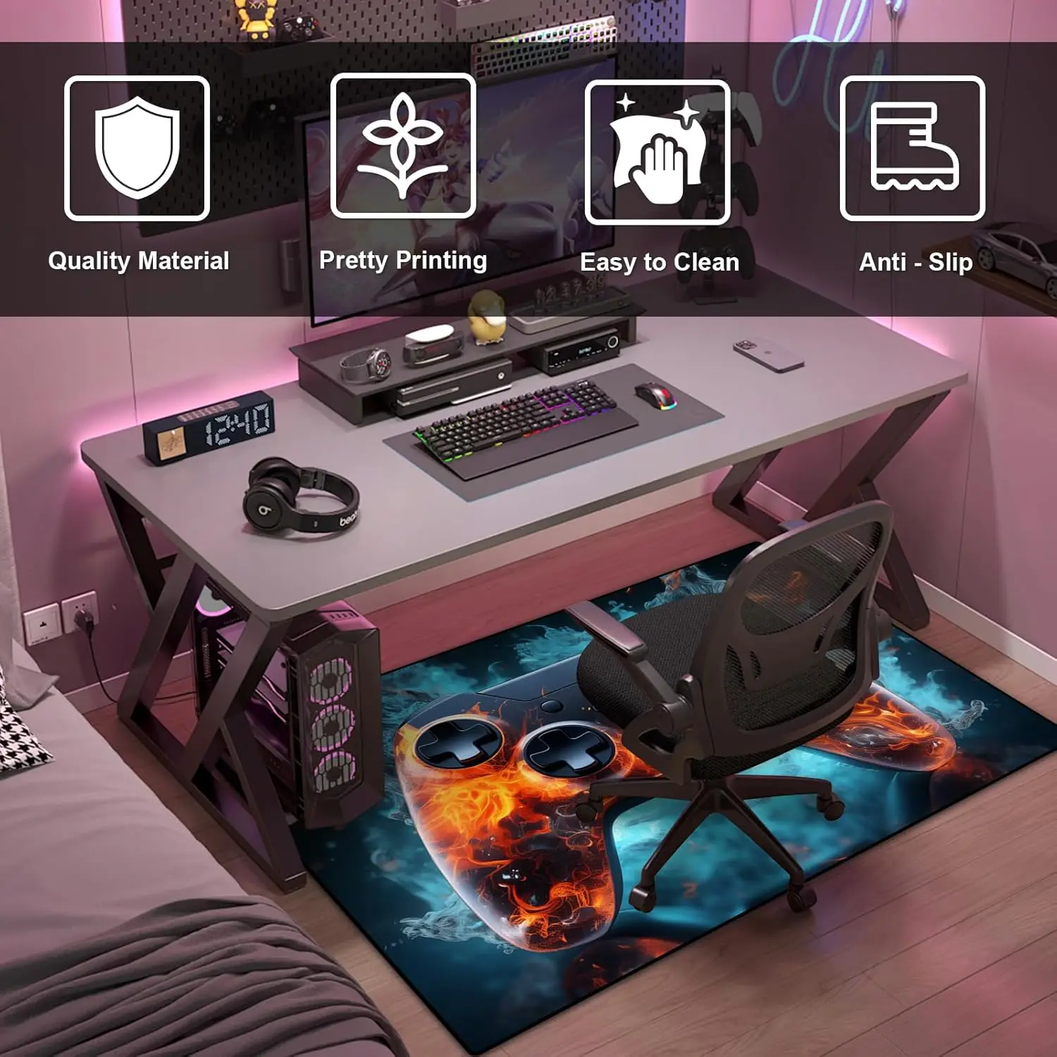 سجادة منطقة الألعاب للأولاد المراهقين، تصميم وحدة التحكم في ألعاب Fire with Flames Gamepad لغرفة الألعاب، غرفة الألعاب، غرفة نوم الأولاد والبنات