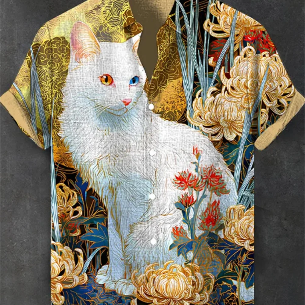 Men's plus Size Linen Shirt Short Sleeve Button up Collar Skull Print Street Trend Retro Hippie Breathable Fast Shipping