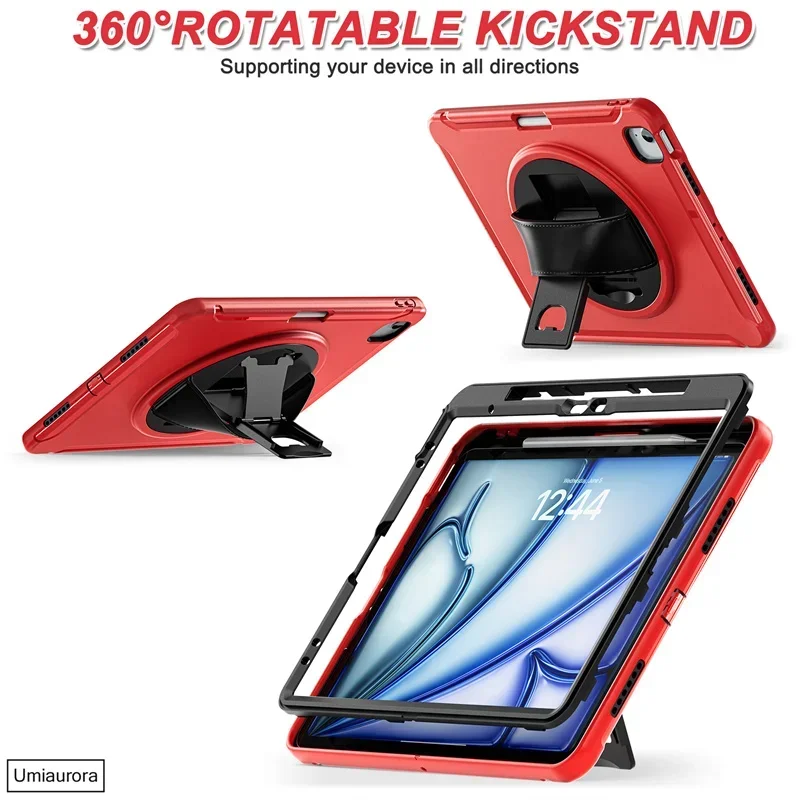 For IPad Mini 7 8.3" A17 Pro 11 12.9 Air 10.9 13 inch M2 M3 M4 M5 Shockproof Silicon PC Tablet Case Hand Strap Stand Armor Funda 5