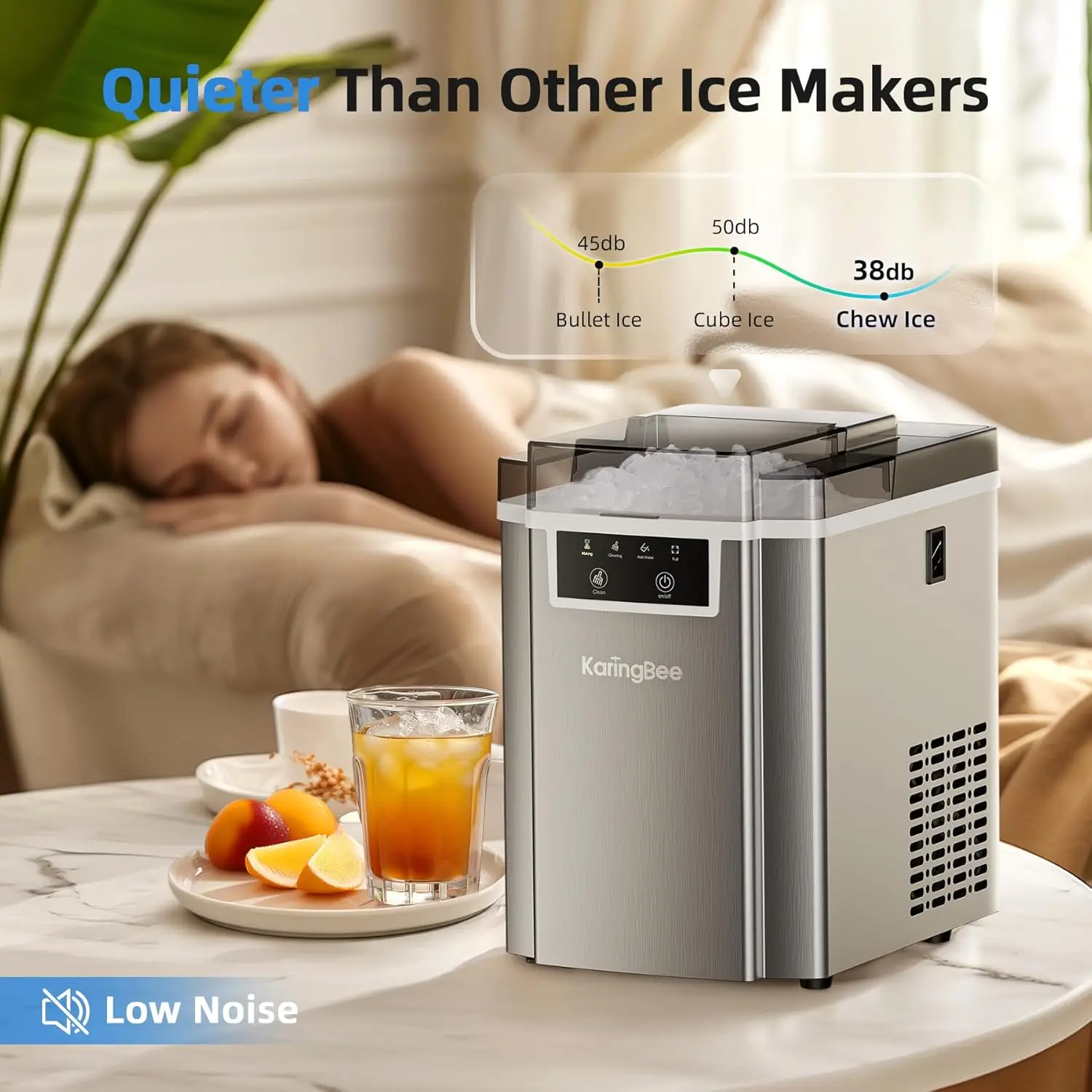 Ice Maker Countertop - 45lbs/24H, 5mins Making Soft Chewable Pellet Ice - Self-Cleaning, Sonic Ice, Pebble Ice Machine fo