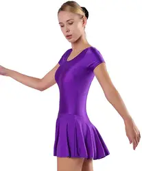 Adult Women Stretch Scoop Neck Dance Bodysuit Ballet Leotard with Skirts Short Sleeve Gymnastics One Piece Dancewear Plus Size