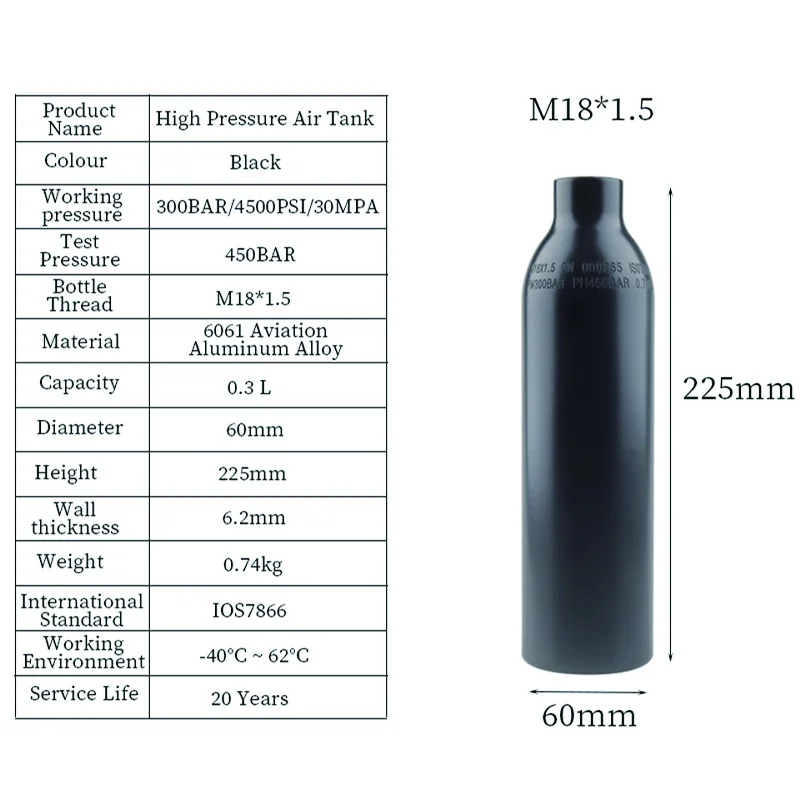 HPA Scuba Air Tank CO2 Bottle Cylinder 0.22L 0.3L 0.35L 0.45L 4500psi 30MPa 300bar M18*1.5 Regulator Output 160psi To 3000psi view 4