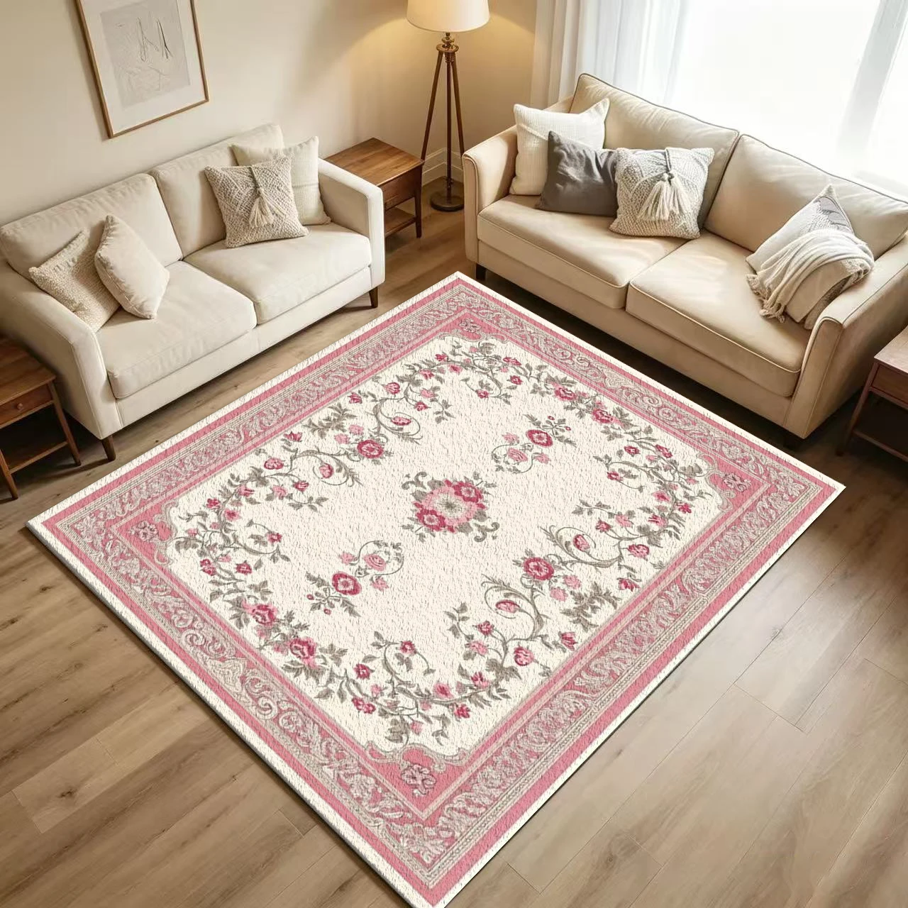 European Vintage Rose Carpet Flooring Soft Pink Cream Floral Scroll Baroque Border Art Pattern Printed Floor Rug for Household Indoor Romantic Living Room Decor