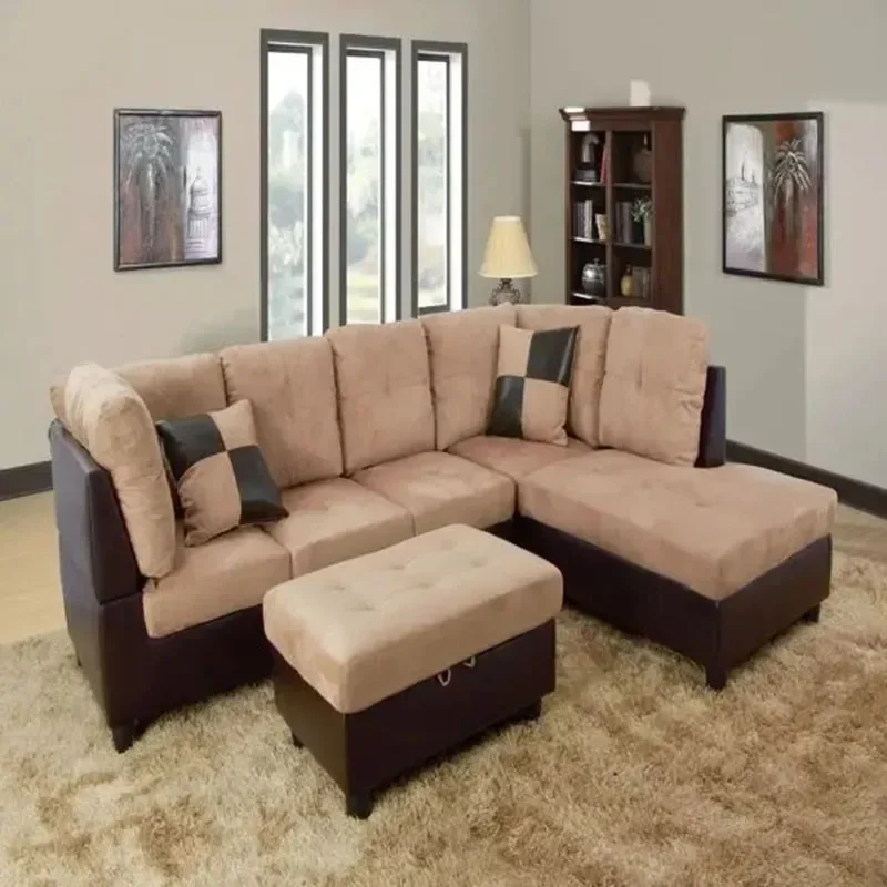 Luxurious Sofa L Shape Sofa,Beige and Brown Color 3-Piece Couch Sofa Set with Functional Ottoman,for Living Room,Apartment