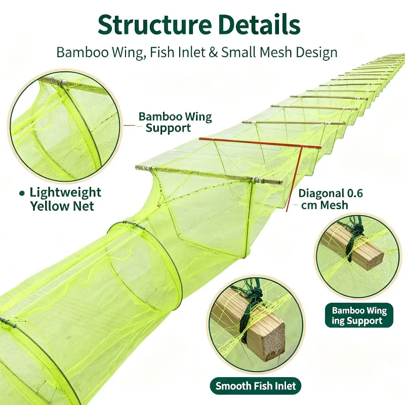 Square Mesh Cover Trap with Bamboo & Steel Wire Wing Design Fishing Tackle Shrimp Crab Crayfish Fine Mesh Net Cage