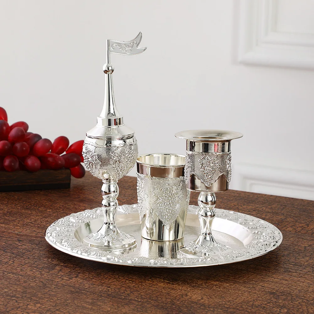 Havdalah 4pcs Wine Set Kiddush Wine glass Cup and Tray Havdalah Candle Holder Besamim Spice Box for the End of the Sabbath