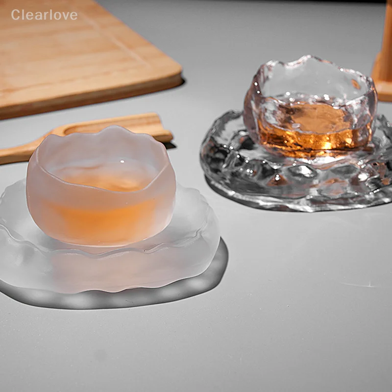 1pc Japanese Style Glass Cup Tasting Transparent/Frozen Tea Cups White Wine Cup Kongfu Master Teacup Tea Cup And Tea Mat 2 Style