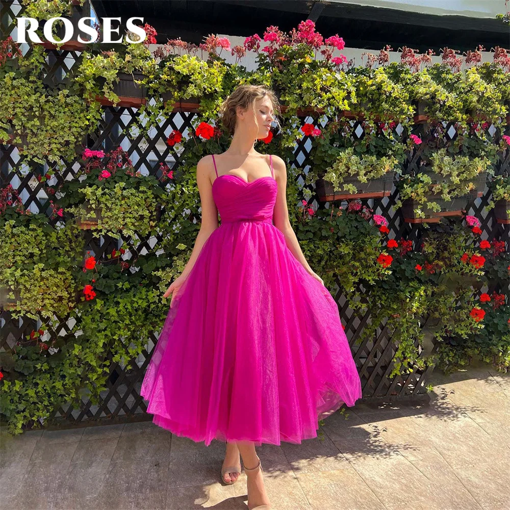 

ROSES Fuchsia Ankle Length Evening Dresses Spaghetti Strap Charming Prom Dress Sweetheart Net Party Dresses vestidos de noche