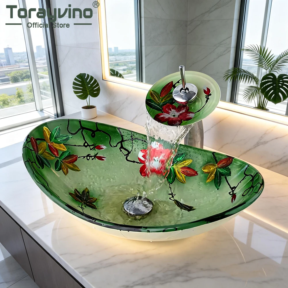 Torayvino-Juego de grifería para lavabo de baño, lavabo ovalado con pintura a mano, lavabo de vidrio templado, lavabo montado en cubierta con grifo mezclador de drenaje emergente