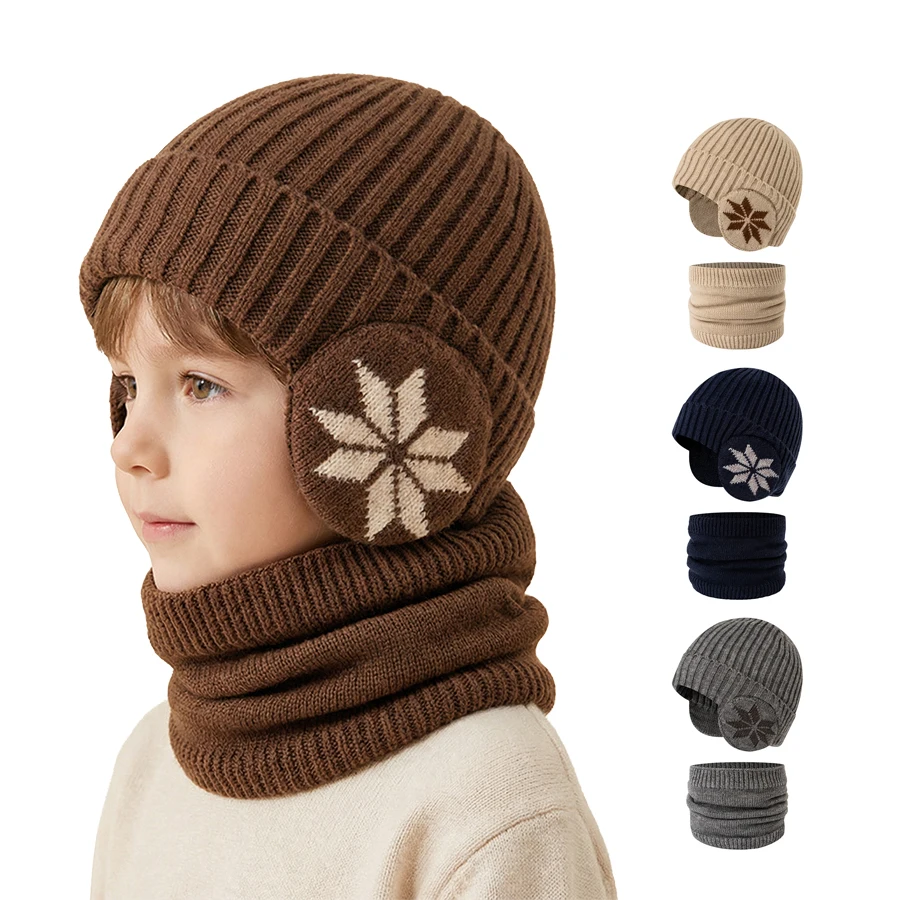 Boys' hats, winter fleece scarf sets, ear-protecting and cold-proof headsets, knitted caps, thickened woolen caps