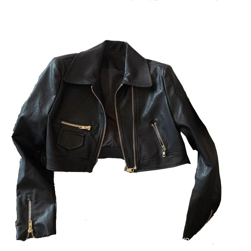 New Fashion PU Faux Leather Coat Leather Jacket Women Street Wear Motorcycle Jacket Short Double Zipper Long Sleeve Pockets