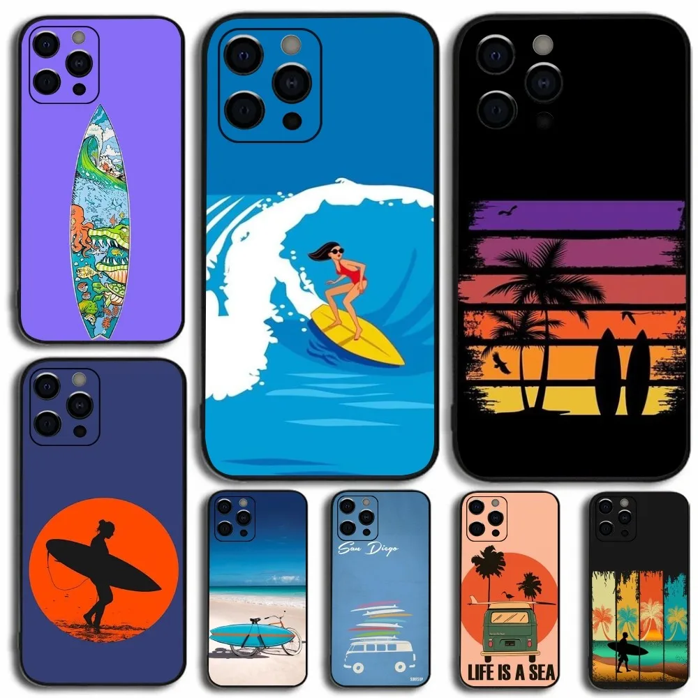 Surfboard Sea Phone Case For Apple iPhone 15,14,13,12,11,Pro,X,XS,Max,XR,Plus,Mini Soft Black Cover