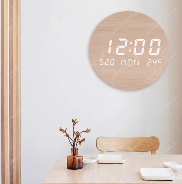 LED Wall Clock Digital Wooden Clock Temperature Date Week Display Living Room Alarm Clock Bedroom Silent Wall Watch Decorations