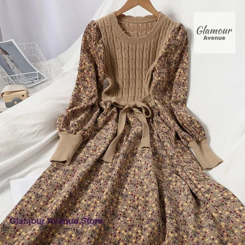 Falda larga de punto ajustada con tirantes de costura de estilo coreano para mujer, vestido floral informal de pana Joker a la moda para otoño e invierno