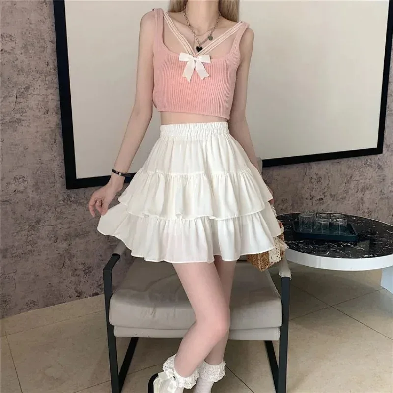 Y2K Women Black White  Vintage Korean Japanese Ruffles Mini Pleated Skirts Kawaii Aesthetic High Waist A-line Skirt Alt Clothes