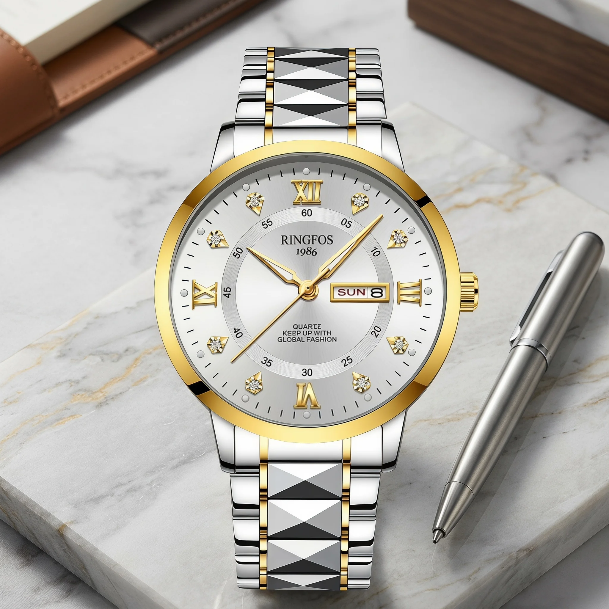 Men's quartz watch with a two-tone stainless steel bracelet, featuring a luxurious large white dial with day and date displays,