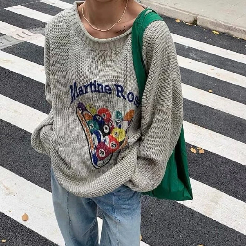 

Deeptown Vintage Knitted Sweater Women Letter Oversize Grey Long Sleeve Pullover Retro Autumn Winter Casual Sweater Streetwear