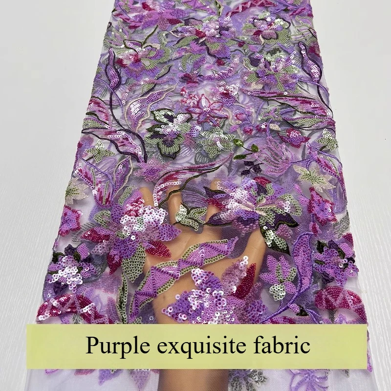 

French-style purple mesh fabric, fully embroidered with beaded peonies, leaves and sequins, of high quality