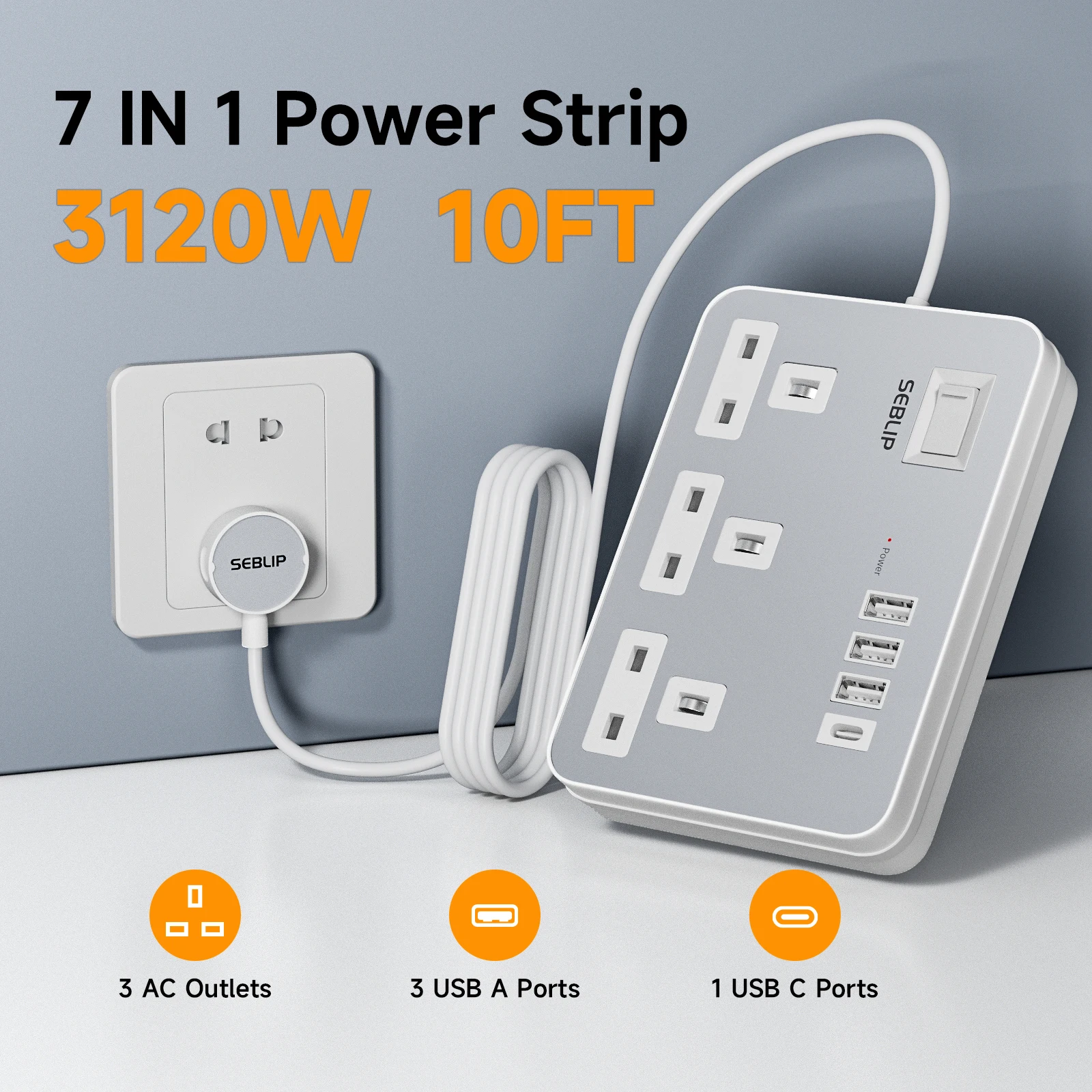 1PC UK Power Strip Socket with 3AC 4 USB Ports Safety Door Indicator Light Power Switch 13A 3120W Outlet Mounted for Home Office