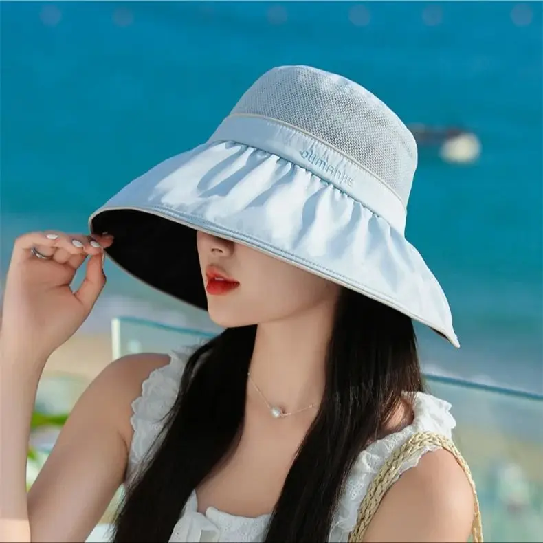 Sun Hat Women Summer Outdoor Large Brim UV Breathable Sun Hat Foldable Korean Black Rubber Fisherman Hat Beach Vacation