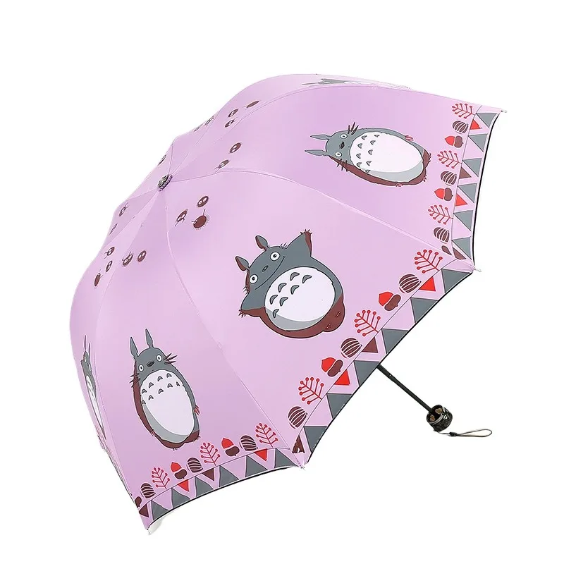 Paraguas Plegable de 8 Varillas con Estampado de Dibujos Animados de Mi Vecino Totoro, con Revestimiento de Pegamento Negro, Triple Plegado, Protección UV, Doble Uso para Sol y Lluvia