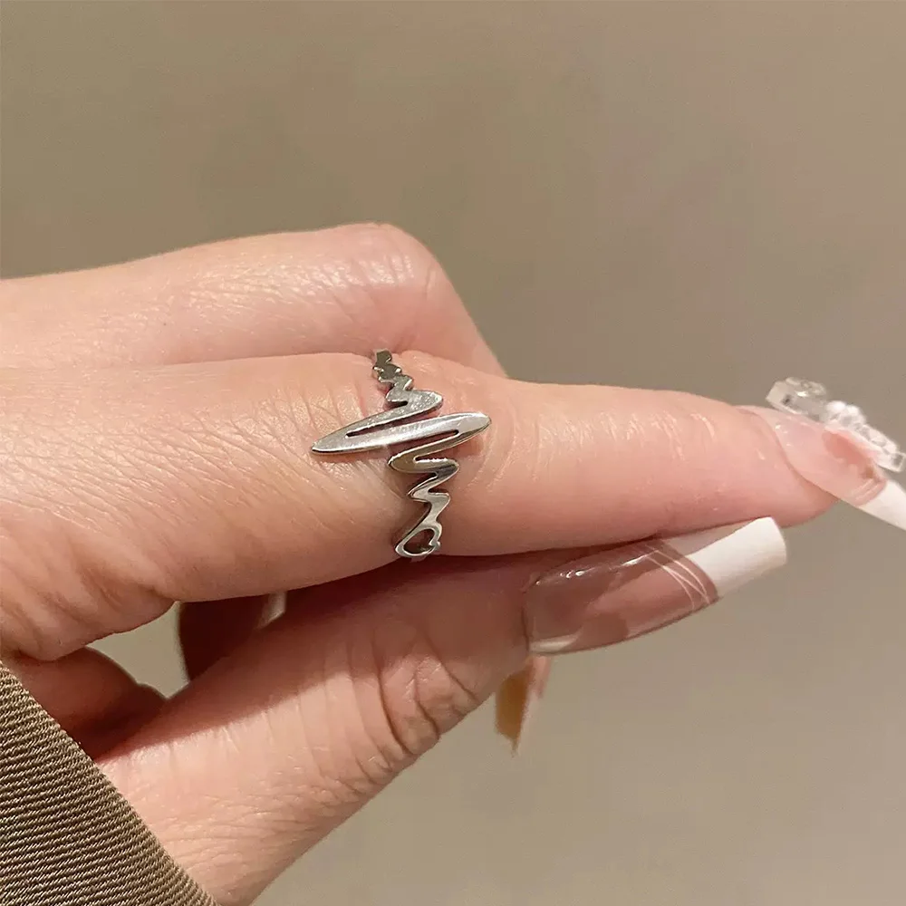 ECG Heartbeat Pulse Line Adjustable Open Ring For Women Men Gothic Romantic Stainless Steel Jewelry Anniversary Gift For Couple