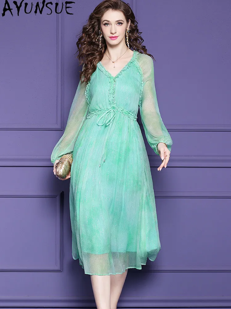 AYUNSUE 100% Natural Mulberry Silk Beach Dress Elegant Womens Dresses 2026 Summer Clothes Long Dresses for Women Платье Женско