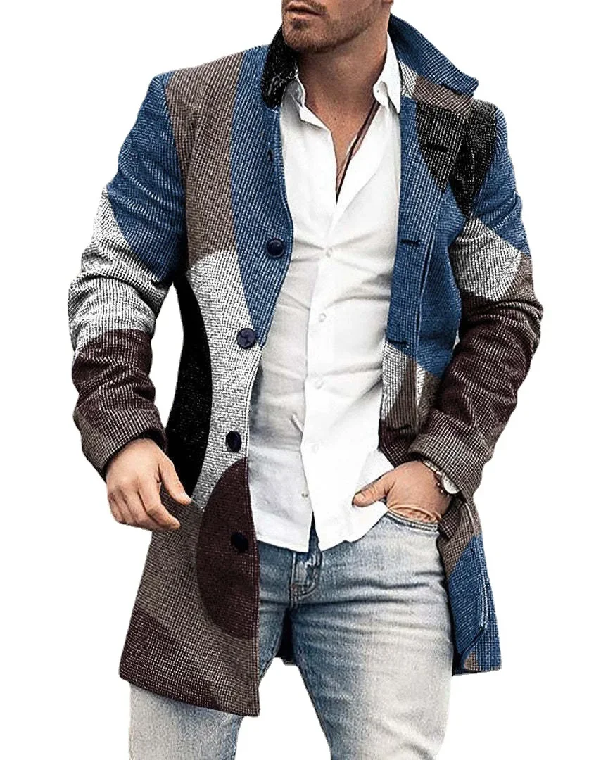 Autumn Winter Retro Print Woolen Coat Men Casual Single Breasted Lapel Long Sleeve Coat Men Fashion Loose Pocket Mid Long Jacket