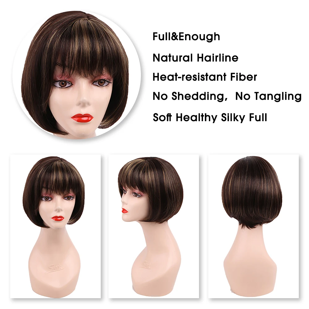 Amir short  Hair Wigs Synthetic Bob Wig With Bangs Ombre Black Mixed Brown Hair For Women Bob Hairstyle Heat Resistant Fiber