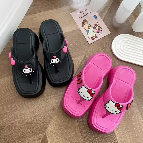 Sanrio Hello Kitty Thick Soled Slippers Cute Kuromi Flip Flops Cartoon Cinnamoroll for Women Summer Cute Casual Beach Sandals