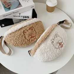 Cute Bear Embroidered Plush Waist Bag Women Winter Soft Warm Belt Bum Bag Female Outdoor Sport Crossbody Chest Purse