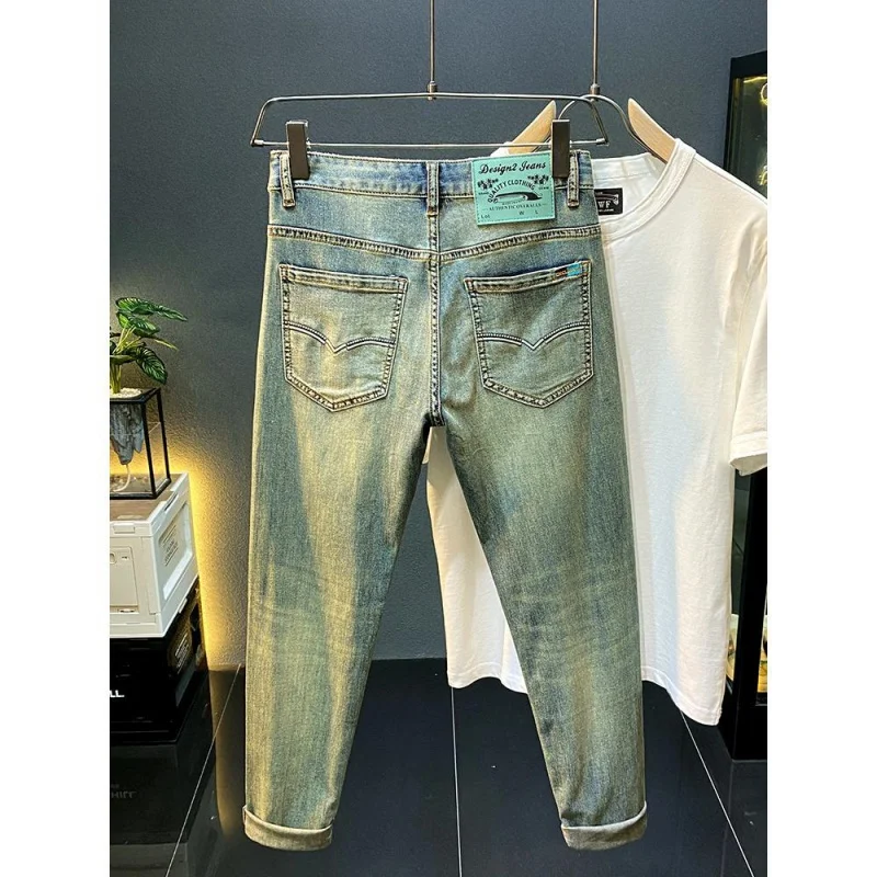 Nuovo marchio di moda casual americano da uomo in denim sottile di alta qualità dritto fit elastico imbottito blu versatile pantaloni in denim