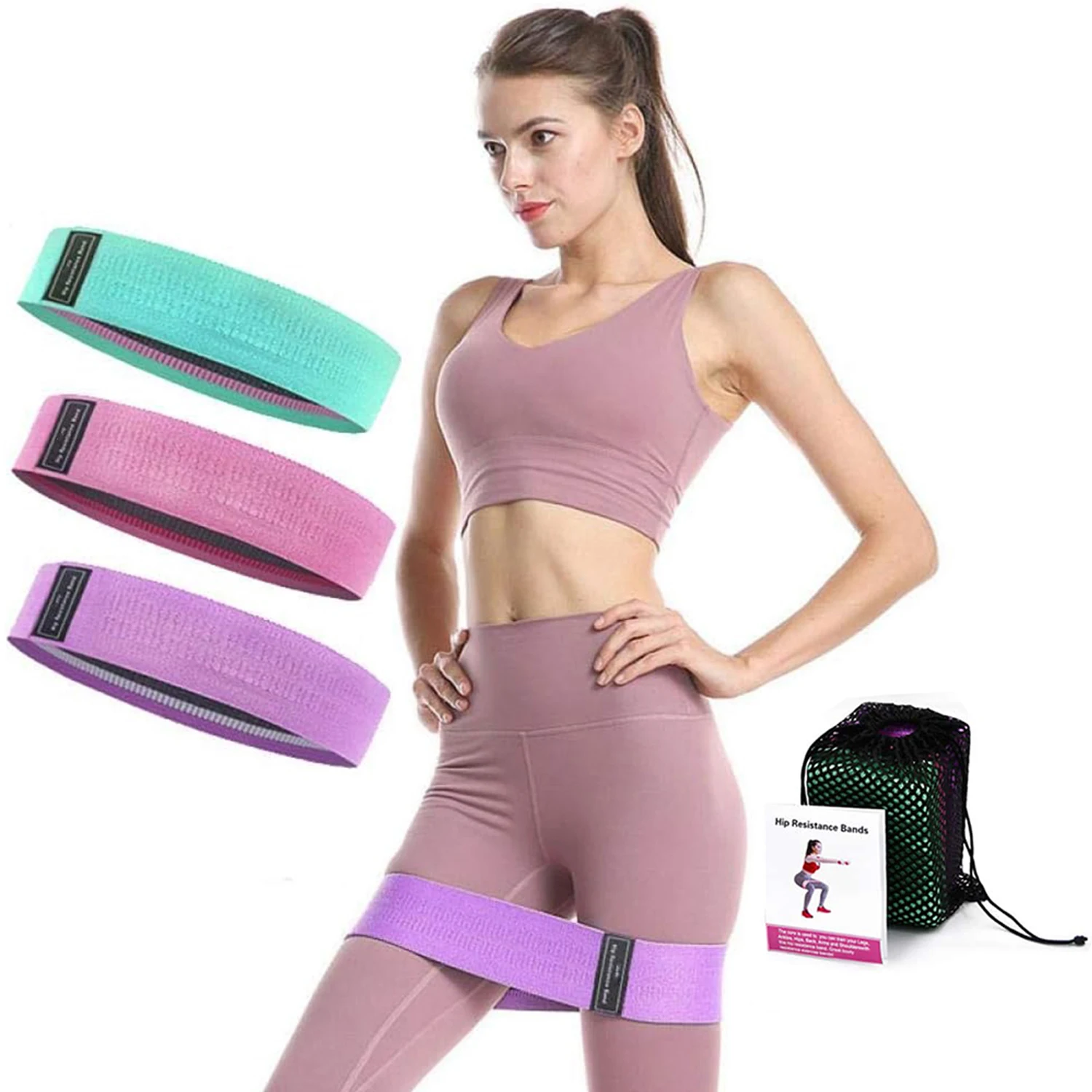 3er-Pack Stoff-Widerstandsbänder für Gesäß, Rutschfeste Hüftbänder für Beine & Oberschenkel, Kniebeugen Pilates Yoga für Frauen Männer mit Tragbarem Etui