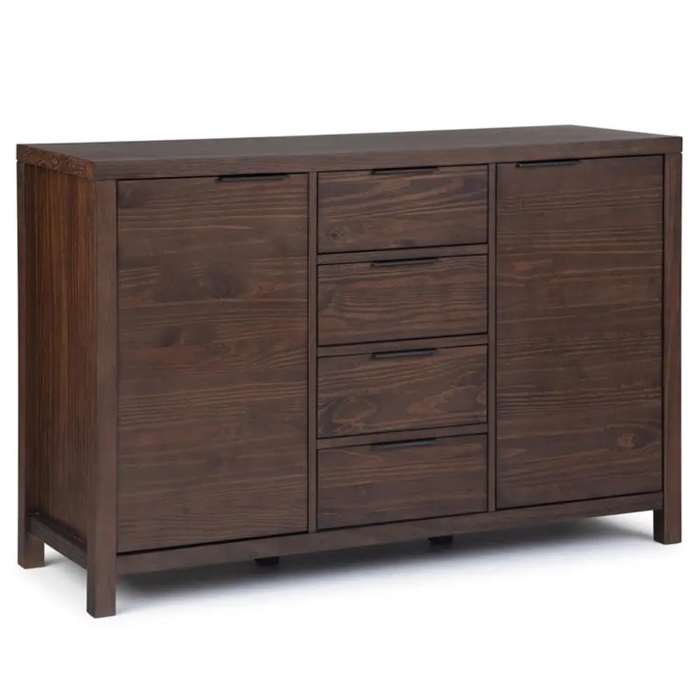 Wood Sideboard Buffet, 54 in Wide, Warm Walnut Brown Finish, Solid Wood Construction, 4 Drawers, 2 Doors, Adjustable Shelves, Mo