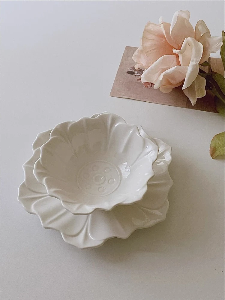 Vintage Embossed Flower Pattern Ceramic Bowl Dish, Dinner Plate Set, Household Breakfast Bowl, Dim Sum Plate, Kitchen Cutlery Se