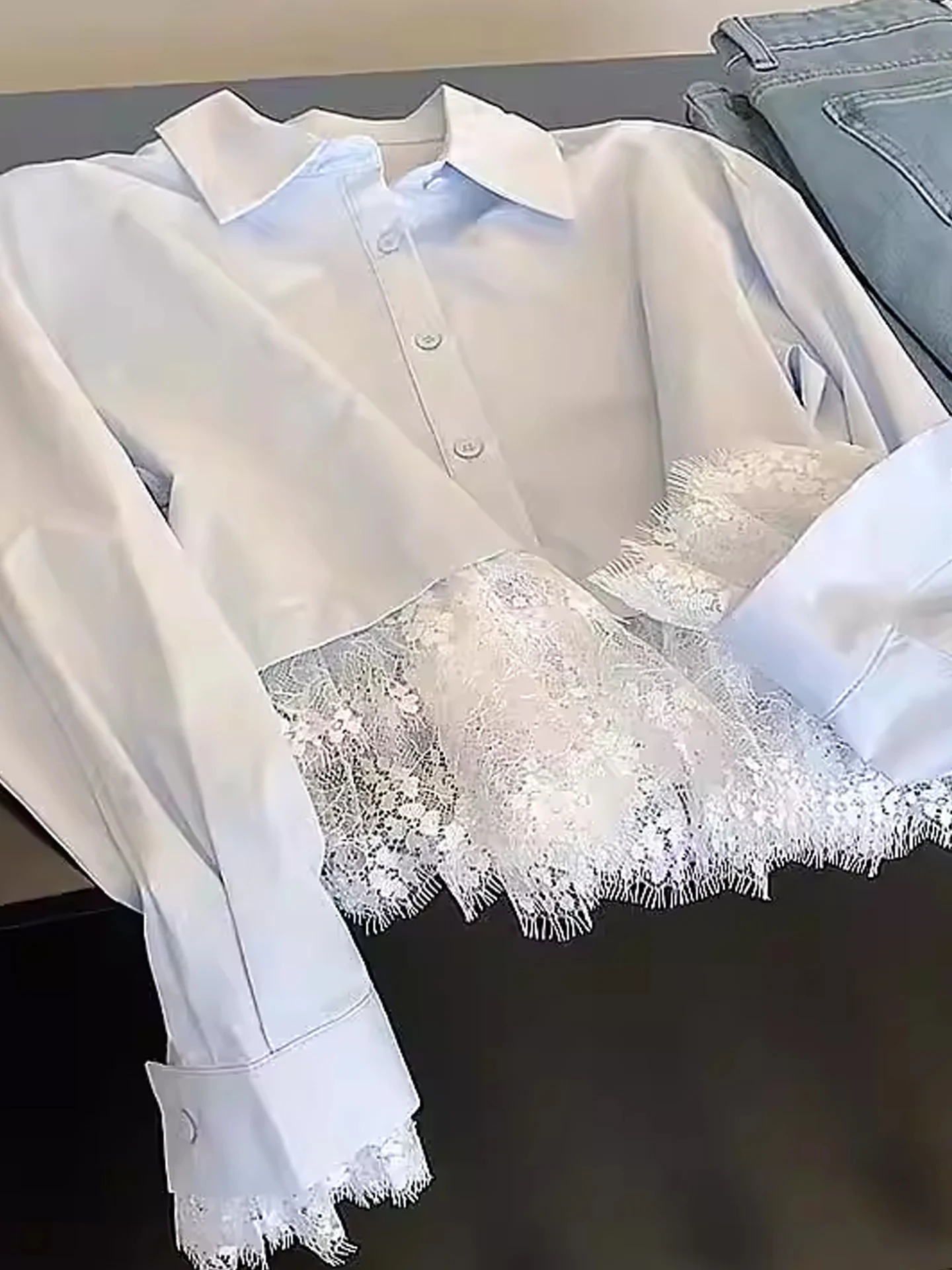 

Stunning Blue Lace Splicing Women's irt Loose Fit Collar Long Sve Casual Sweet Sle Spring 2026 Faion Trend