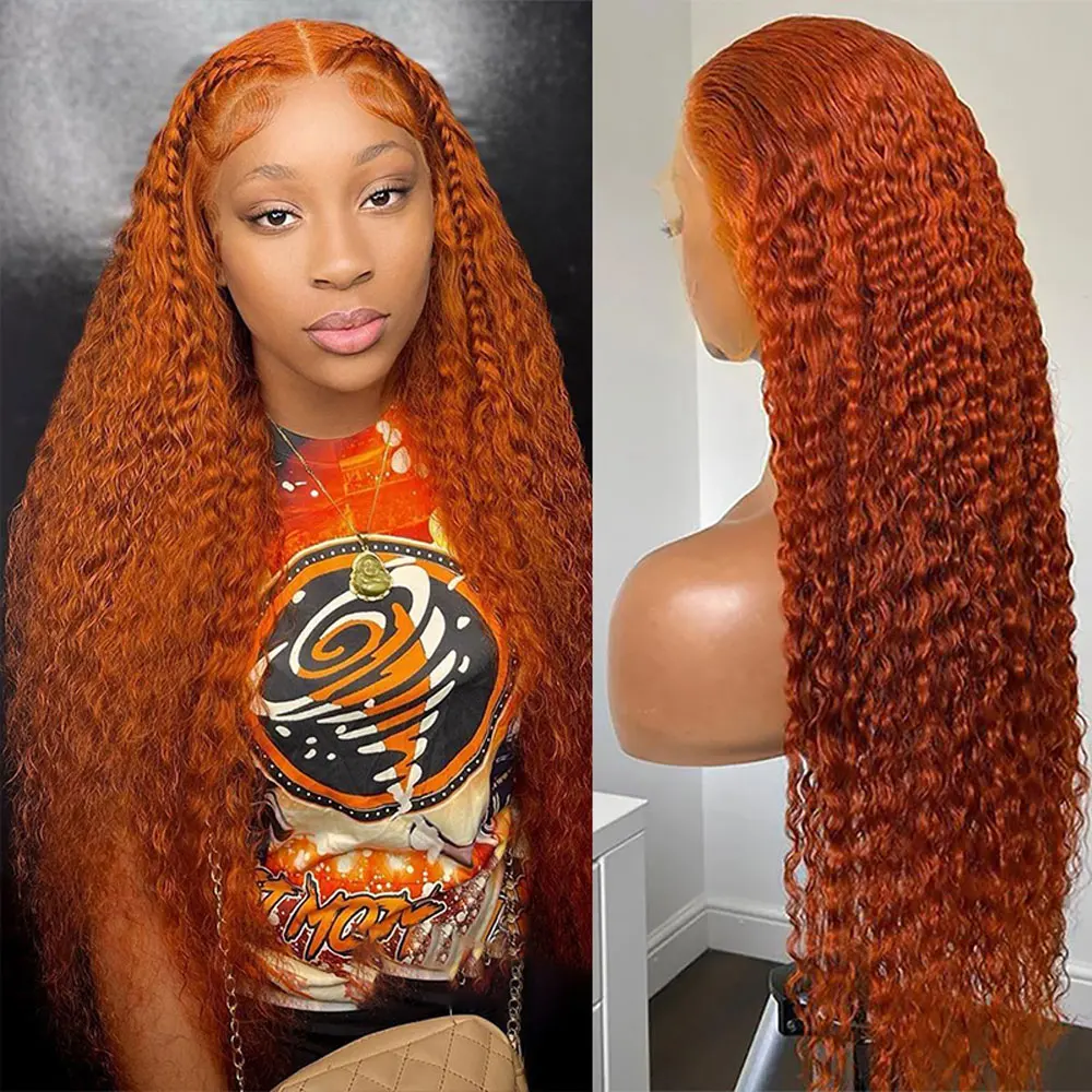 32Inch Ginger Orange Lace Front Wigs Deep Curly Human Hair Wigs Dark Colored Water Wave Human Hair 13x6 HD Lace Frontal Wig