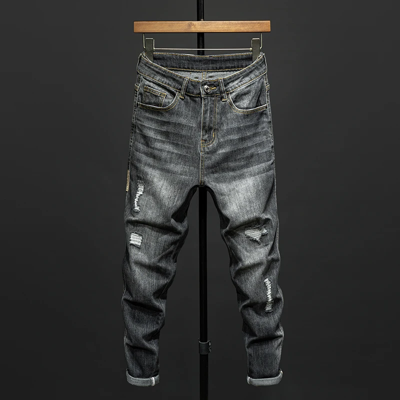

Новые рваные джинсы, мужские узкие джинсовые брюки, хлопковые корейские модные эластичные универсальные дымчато-серые мужские брюки, узкие брюки