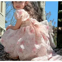 Girls Dress Summer New Childrens Vest Beautiful Little Girl Fashion Fragmented Flower Bow Princess Dress