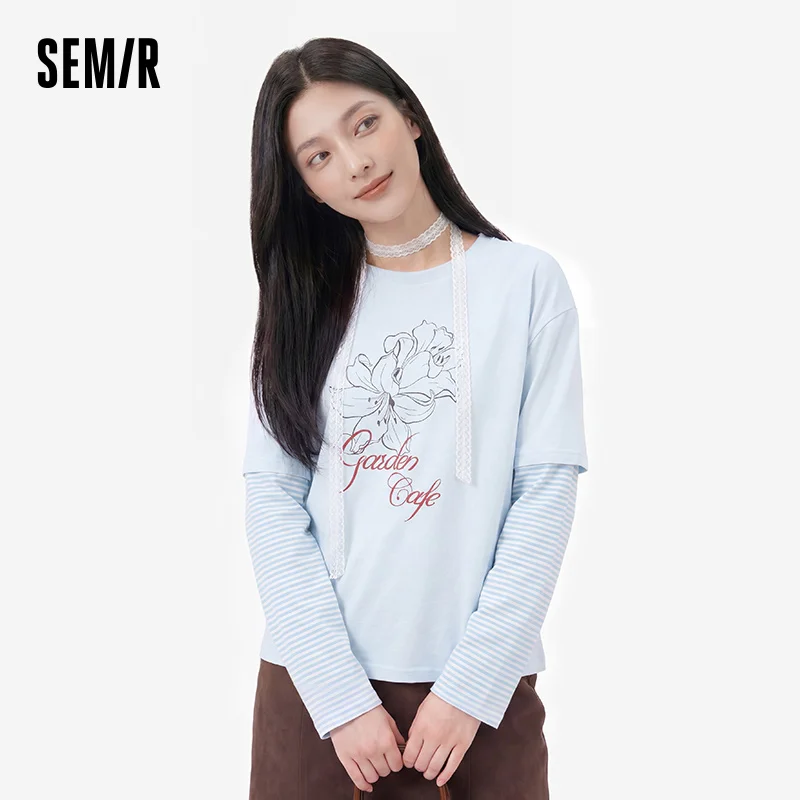 Women's Oversize Striped Faux Two-Piece Long Sleeve T-Shirt
