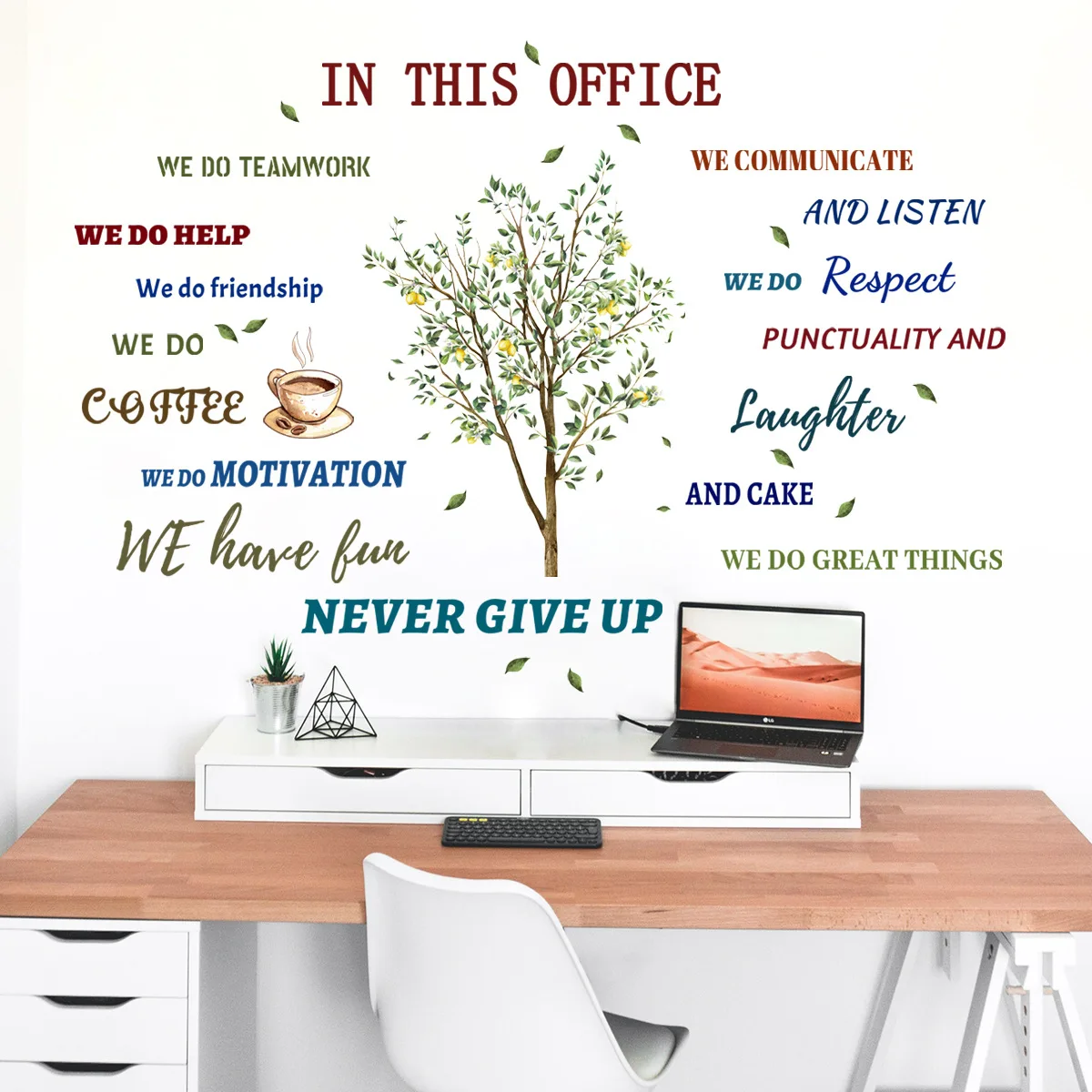 30*90cm Big Tree English Slogan Coffee Cup Cartoon Wall Sticker Backwall Rest Area Living Room Decorative Mural  Wall Sticker