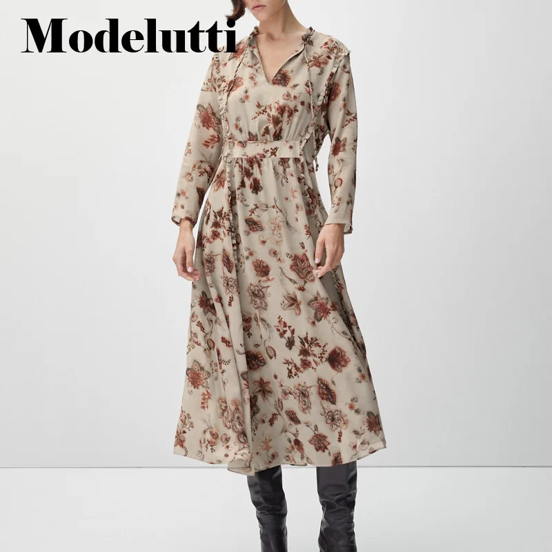 Nieuwe Lente 2023 Herfst Mode V-hals Schimmel Trekken Terug Lange Mouwen Romantische Print Jurk Eenvoudige Casual Elegante Vrouwen