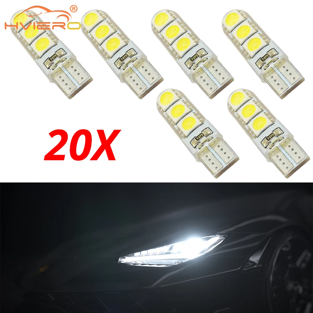 

20Pcs Car Parking Fog Tail Lighting Auto Lantern Signal Lamps Silicone Shell Lights Bulb T10 194 W5W DC 12V Canbus 6SMD 5050 Led