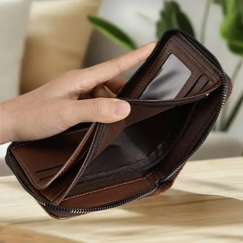 محافظ قصيرة فاخرة بسحاب للرجال، تصميم كلاسيكي، جيب للعملات المعدنية، فتحات متعددة للبطاقات، محفظة راقية، هدية مثالية