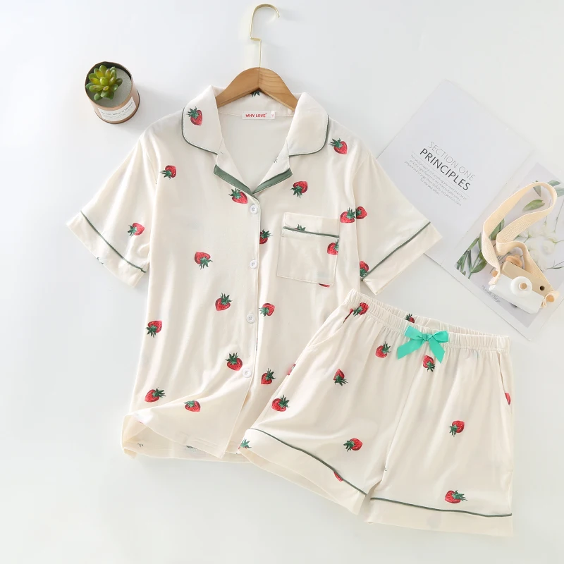 

2024 летние женские пижамы из 100% вязаного хлопка, милая одежда для сна, женский комплект из 2 предметов, ночная рубашка с клубничным принтом, пижамы, одежда для дома