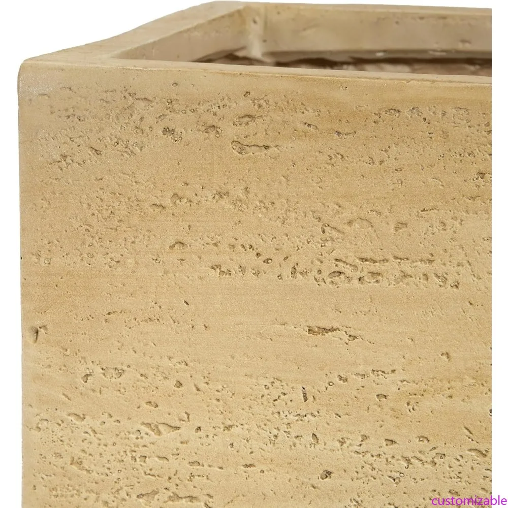 

Modern Outdoor Planter: Lightweight Concrete Rectangle Box with Travertine Finish, Drainage and Rubber Plug
