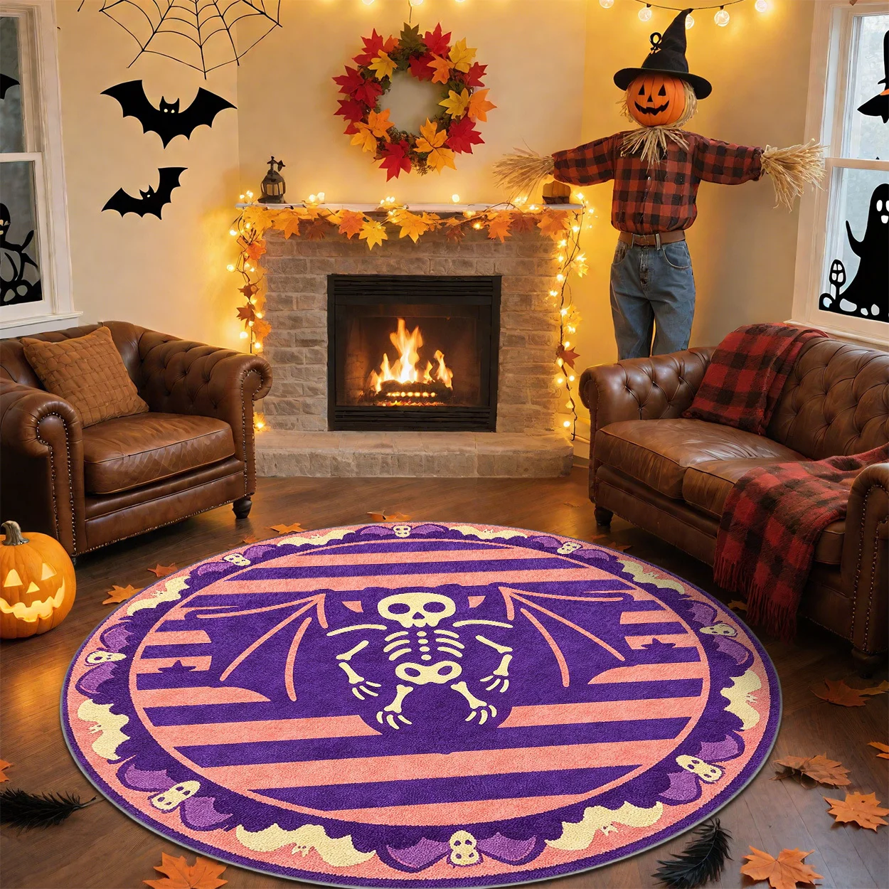 Large Floor Mat Three Gnomes Purple Pumpkins Forest Patio Front Door Festive Home Decor Round Area Rugs Halloween Carpet