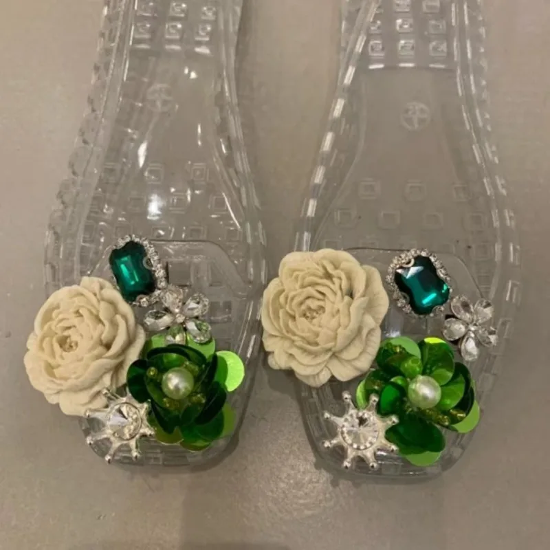 

Designer Shoes Glamour PVC Transparent Gem Design Sandals Outdoor Popular Ballet Square Shoes Accessories Detachable Shoe Flower