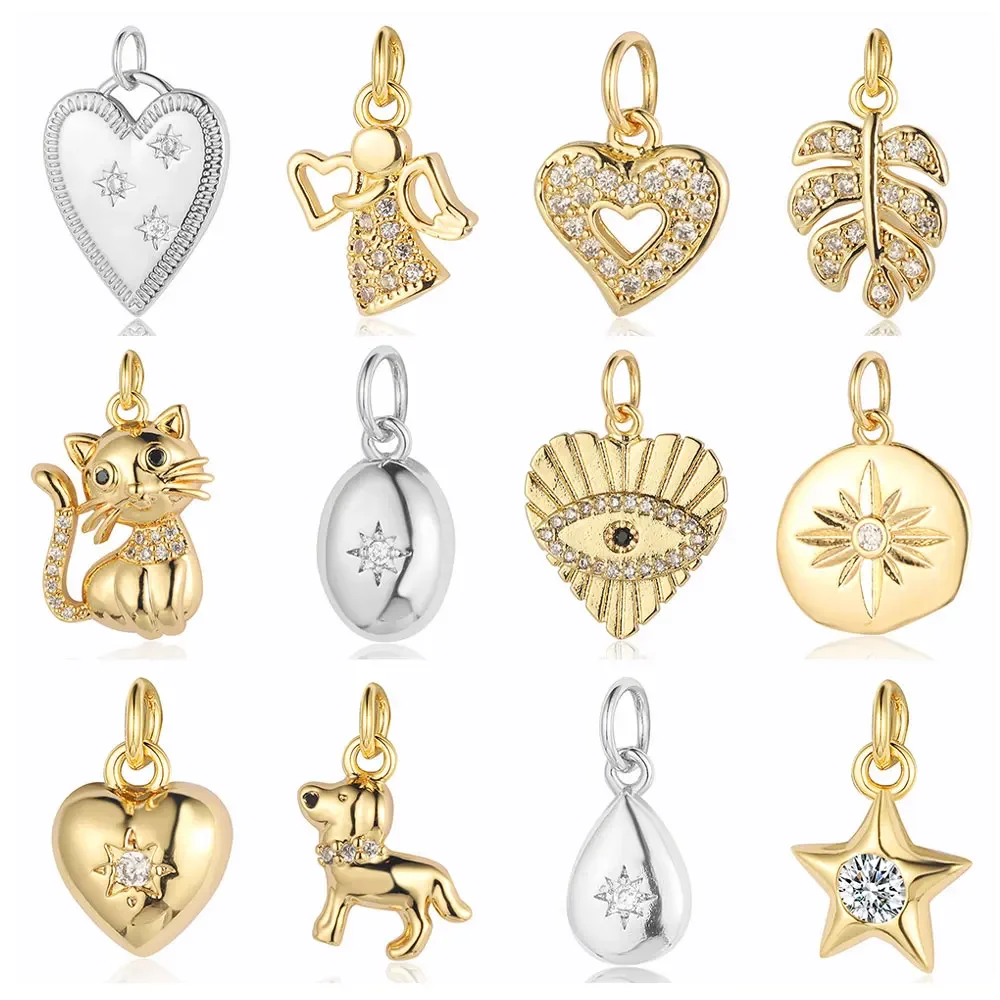 3pcs/Lot Angel Heart Copper Cubic Zircon Charms Cat Dog Evil Eye Star Monstera Leaf Bracelet Earring Necklace Pendant