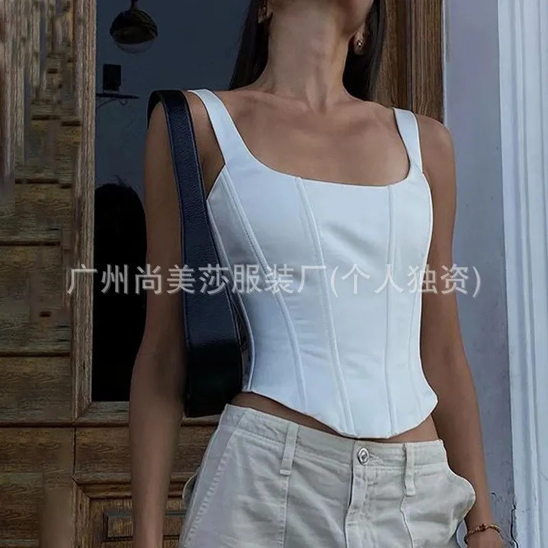 Summer Outfits Woman Crop Top Backless Square Neck Sleeveless White Bustier Off Shoulder Tube Top Black Fishbone